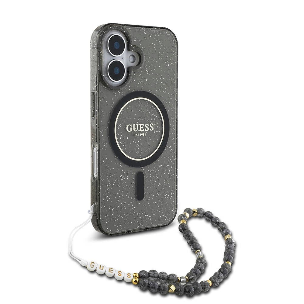 Apple iPhone 16 Plus Kılıf Guess Orjinal Lisanslı M-safe Şarj Özellikli Simli Silikon İnci Bileklikli Kapak