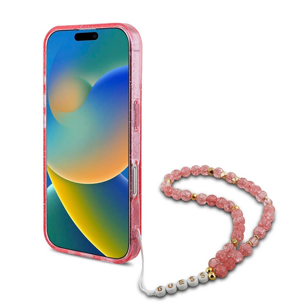 Apple iPhone 16 Plus Kılıf Guess Orjinal Lisanslı M-safe Şarj Özellikli Simli Silikon İnci Bileklikli Kapak