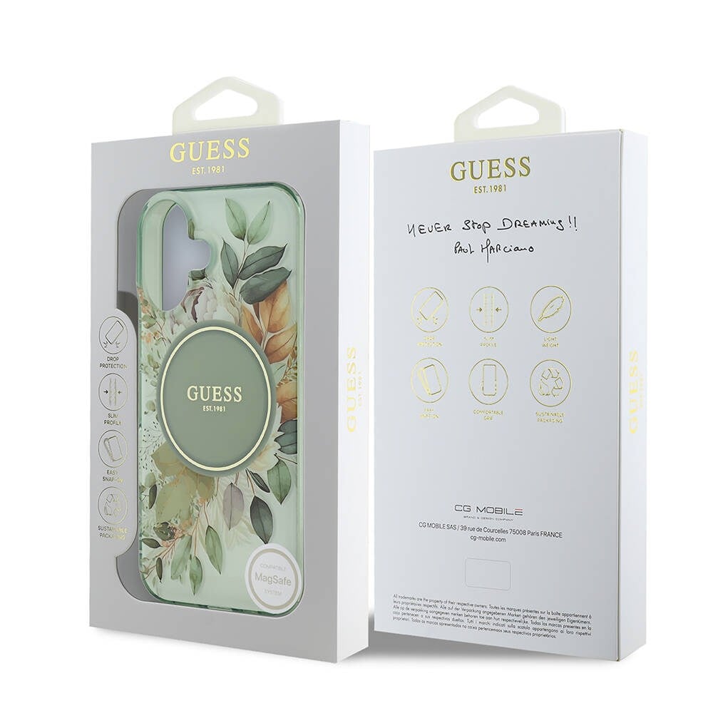 Apple iPhone 16 Plus Kılıf Guess Orjinal Lisanslı M-safe Şarj Özellikli IML Baskılı Yazı Logolu Flower Tonal Circle Kapak