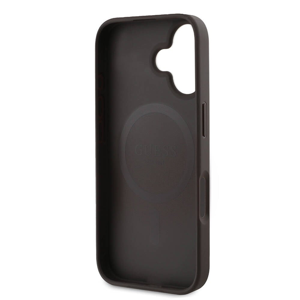 Apple iPhone 16 Plus Kılıf Guess Orjinal Lisanslı M-safe Şarj Özellikli PU Deri 4G Desenli Taşlı Üçgen Logolu Kapak