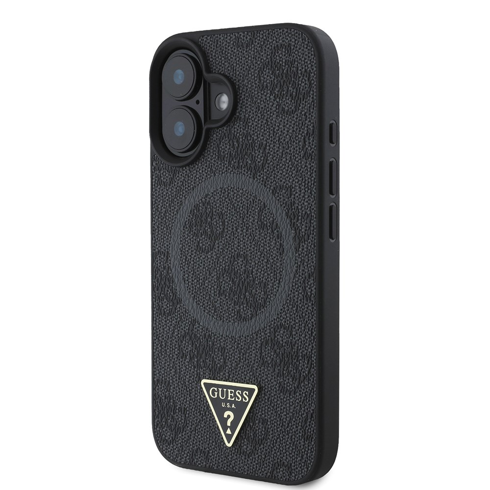 Apple iPhone 16 Plus Kılıf Guess Orjinal Lisanslı M-safe Şarj Özellikli PU Üçgen Logo 4G Desenli Kapak