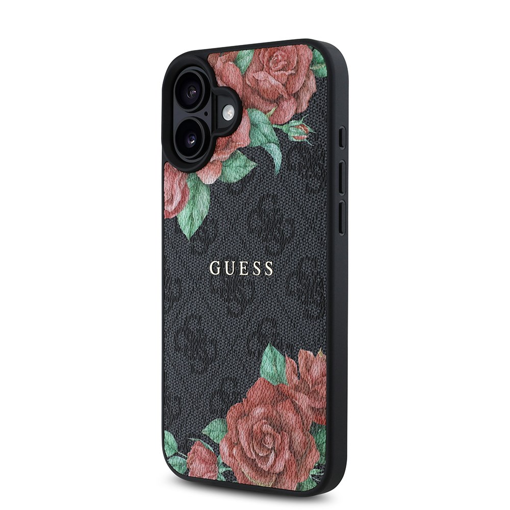 Apple iPhone 16 Plus Kılıf Guess Orjinal Lisanslı M-safe Şarj Özellikli Gül Baskılı 4G Desenli Yazı Logolu Kapak