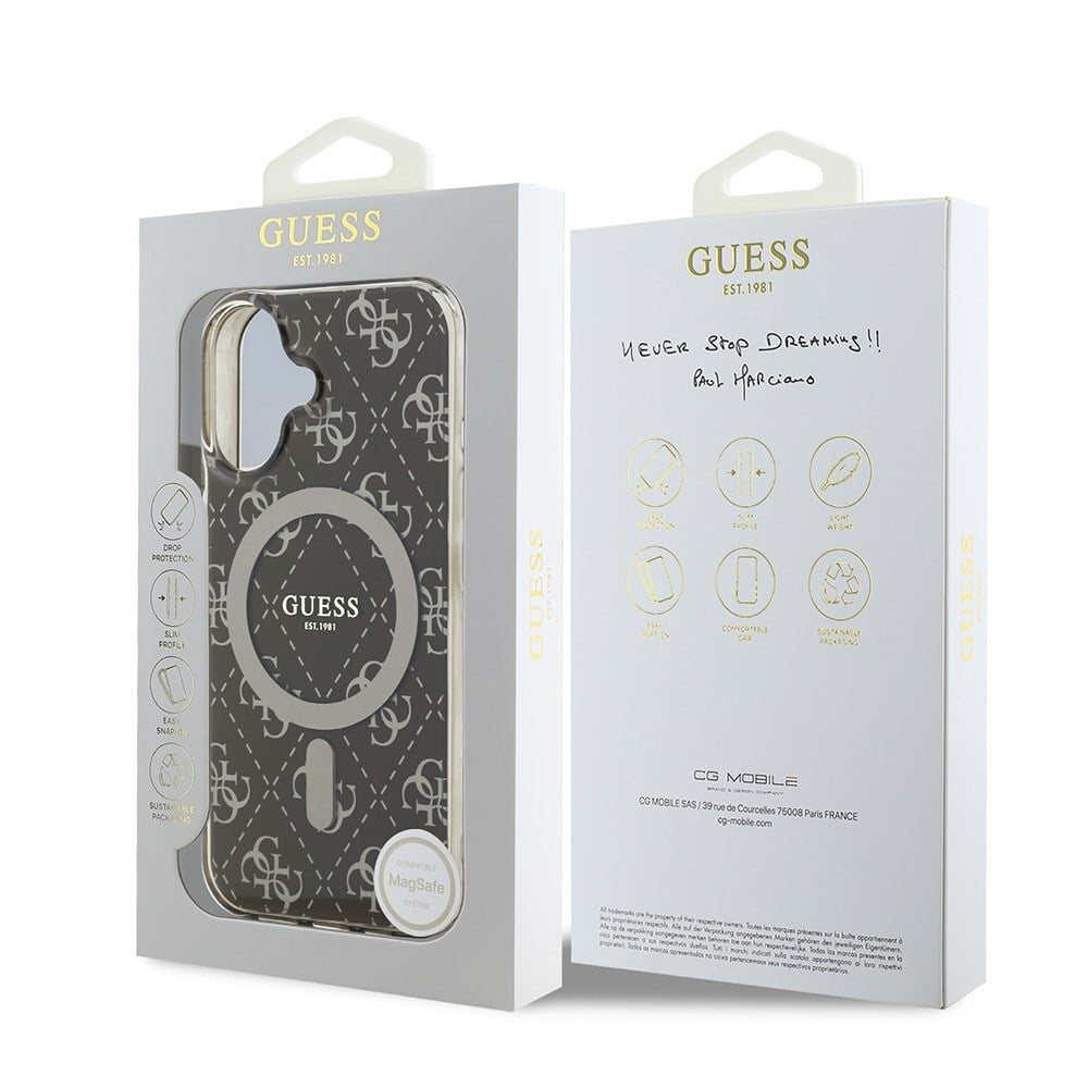 Apple iPhone 16 Plus Kılıf Guess Orjinal Lisanslı M-safe Şarj Özellikli IML Baskılı Klasik Logolu 4G Desenli Kapak