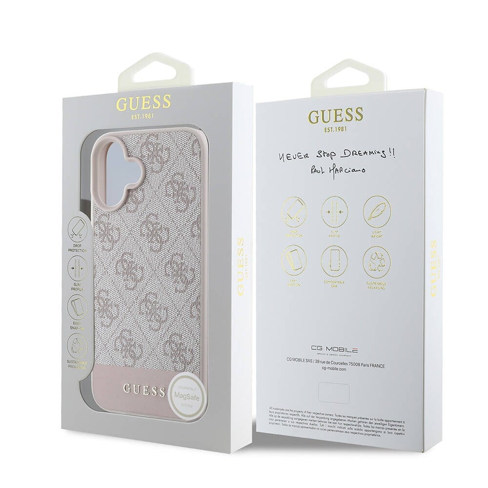 Apple iPhone 16 Plus Kılıf Guess Orjinal Lisanslı M-safe Şarj Özellikli PU Deri Şerit Logo Dizaynlı Kapak