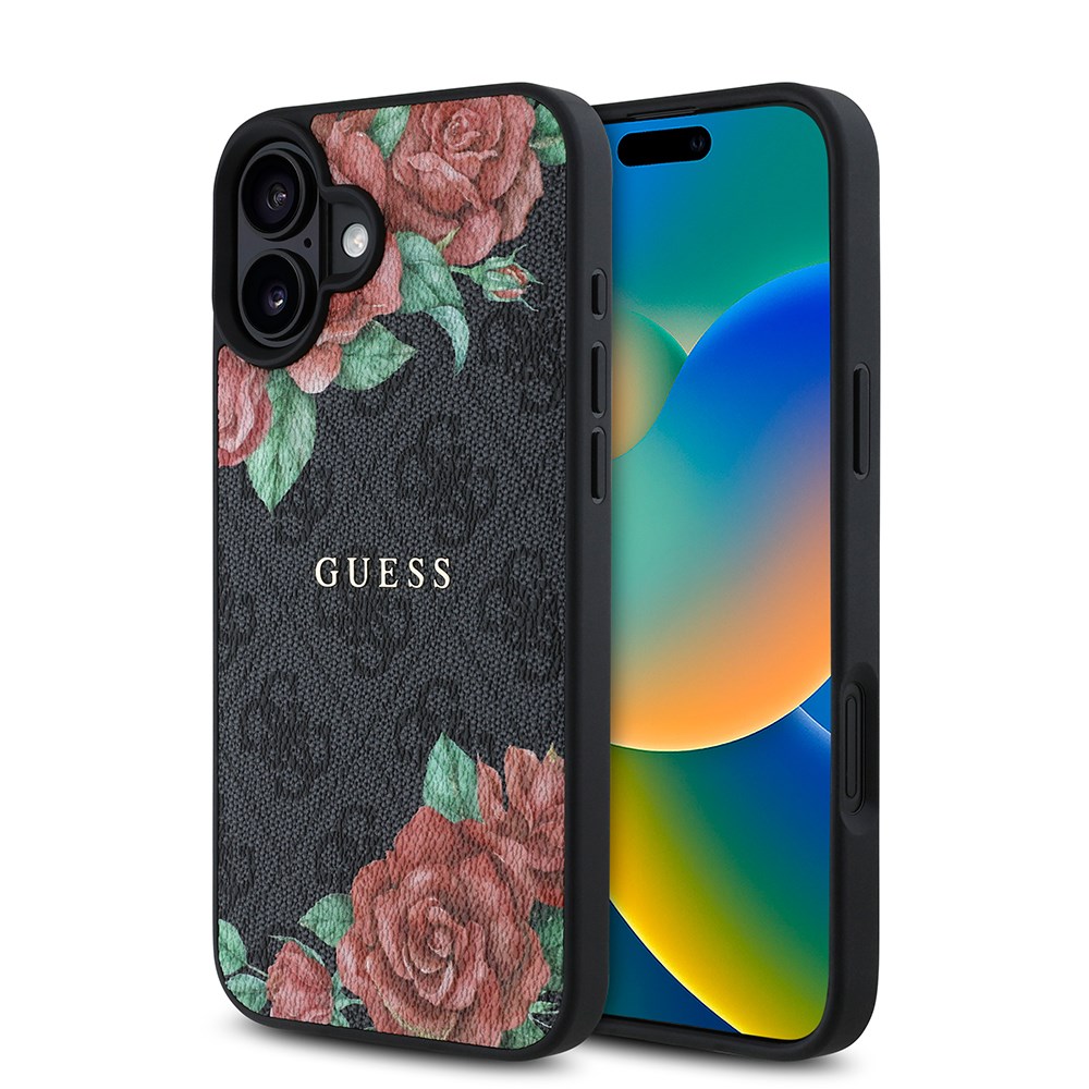 Apple iPhone 16 Plus Kılıf Guess Orjinal Lisanslı M-safe Şarj Özellikli Gül Baskılı 4G Desenli Yazı Logolu Kapak