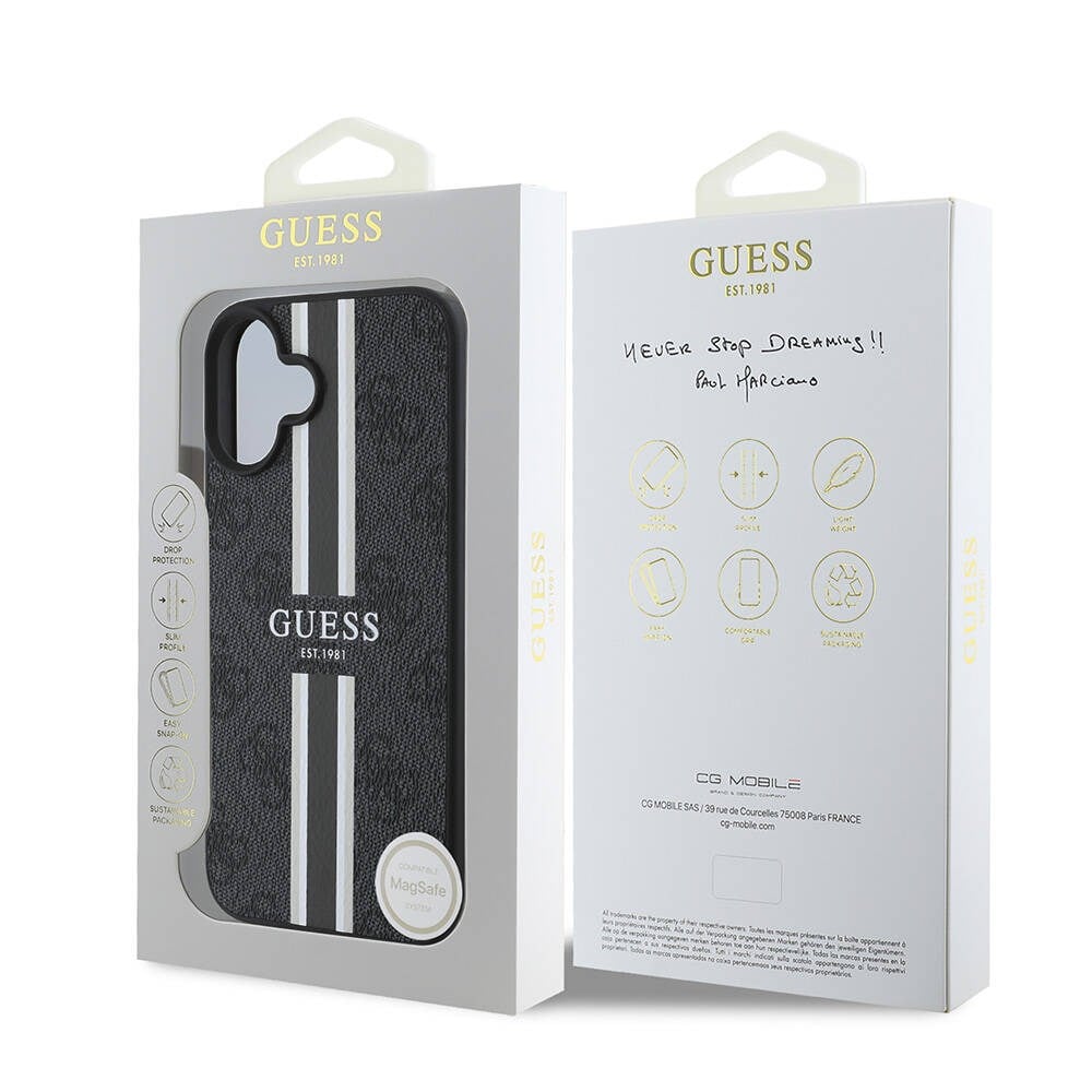 Apple iPhone 16 Plus Kılıf Guess Orjinal Lisanslı M-safe Şarj Özellikli 4G Şerit Tasarımlı Printed Kapak
