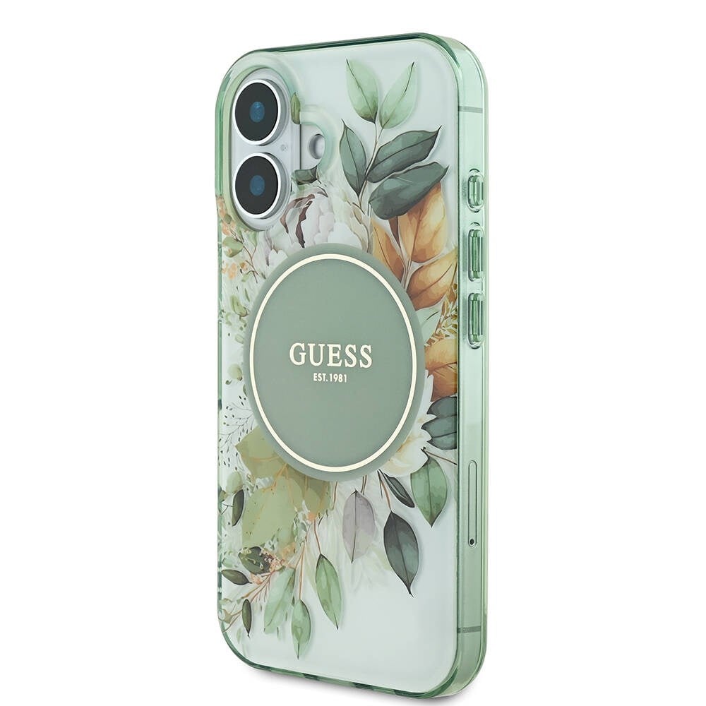 Apple iPhone 16 Plus Kılıf Guess Orjinal Lisanslı M-safe Şarj Özellikli IML Baskılı Yazı Logolu Flower Tonal Circle Kapak