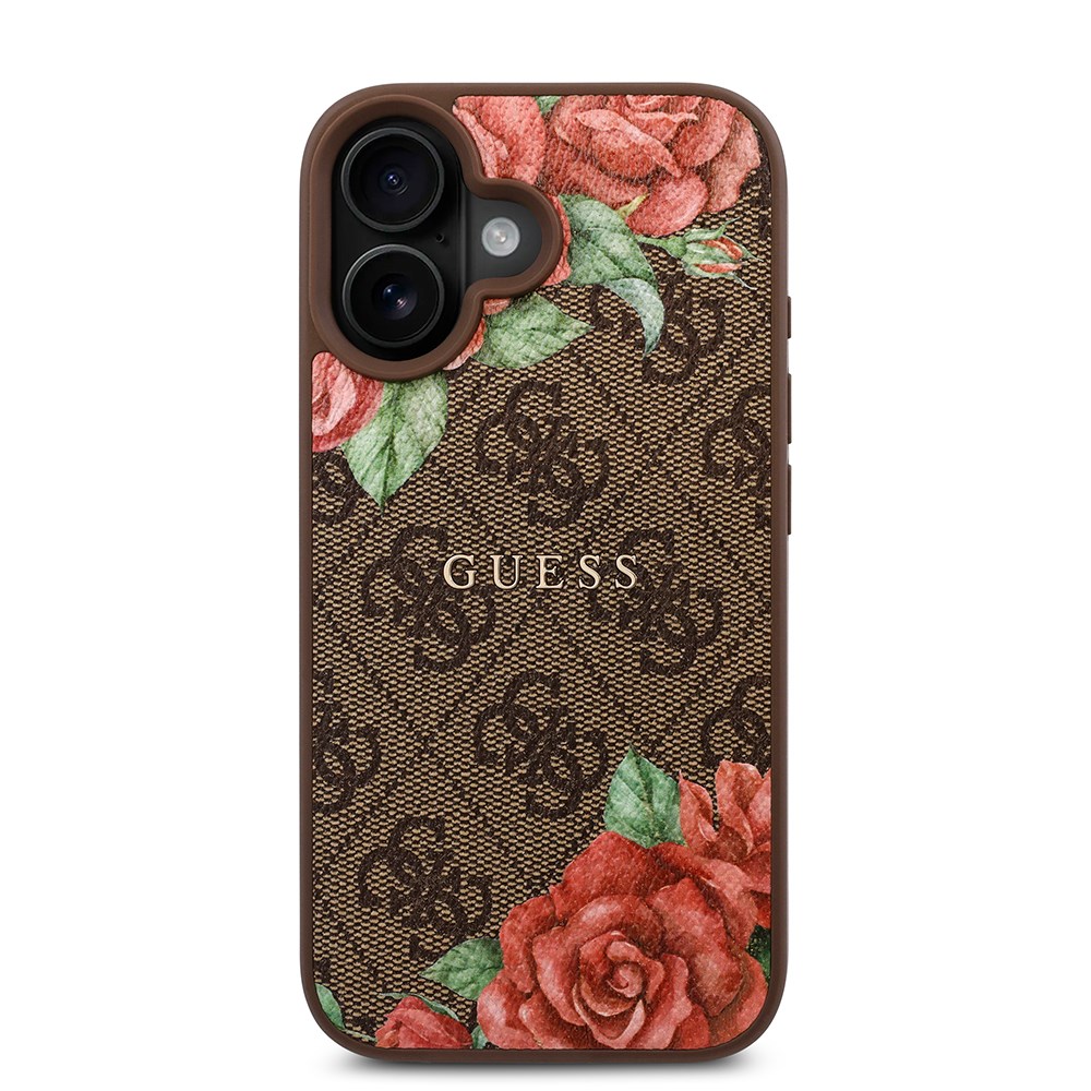 Apple iPhone 16 Plus Kılıf Guess Orjinal Lisanslı M-safe Şarj Özellikli Gül Baskılı 4G Desenli Yazı Logolu Kapak