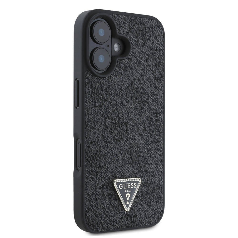 Apple iPhone 16 Plus Kılıf Guess Orjinal Lisanslı M-safe Şarj Özellikli PU Deri 4G Desenli Taşlı Üçgen Logolu Kapak