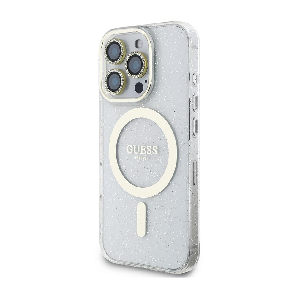 Apple iPhone 16 Pro Guess Orjinal Lisanslı 3'lü Aksesuar Seti IML Baskılı Simli Glitter Kılıf + Ekran Koruyucu + Lens Koruyucu
