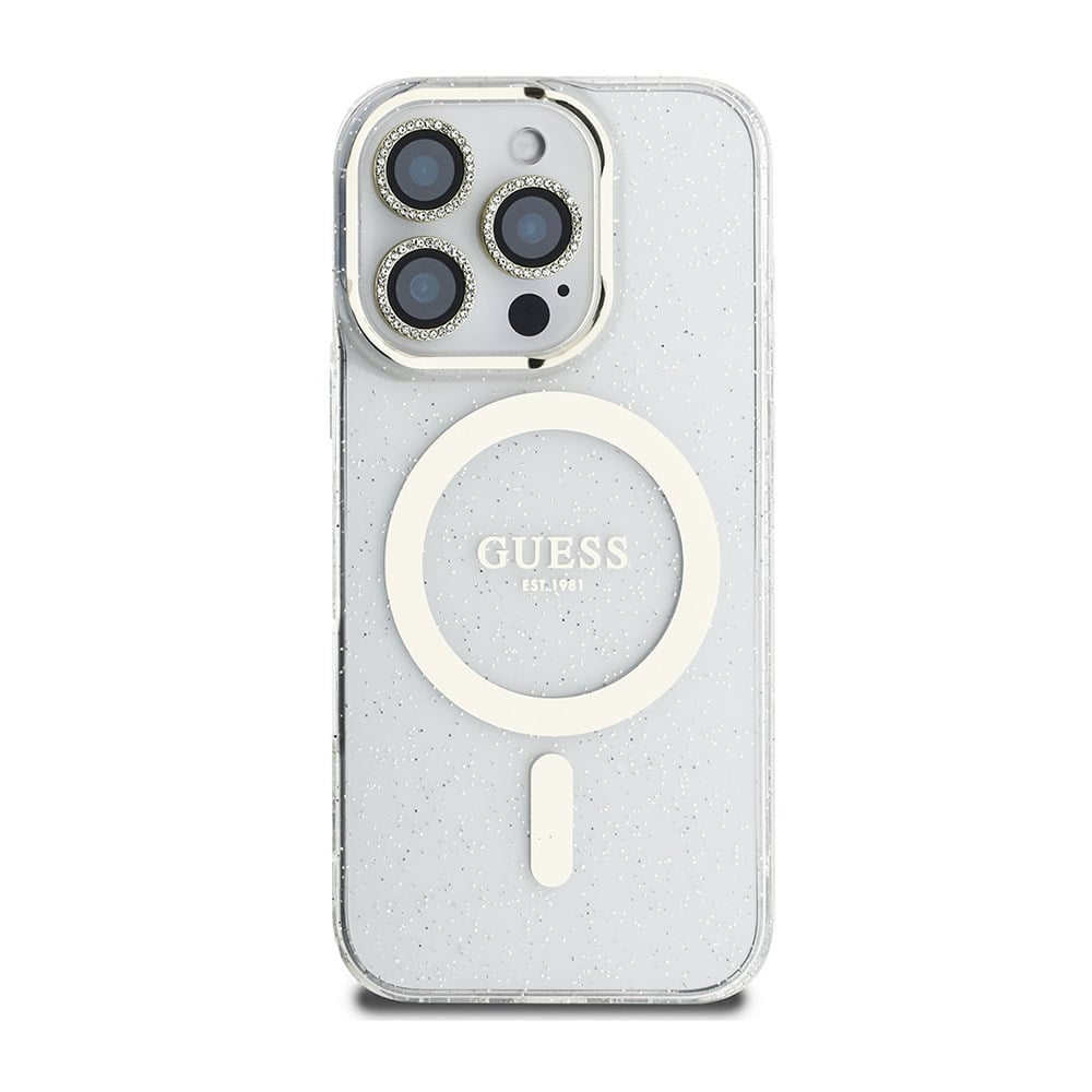 Apple iPhone 16 Pro Guess Orjinal Lisanslı 3'lü Aksesuar Seti IML Baskılı Simli Glitter Kılıf + Ekran Koruyucu + Lens Koruyucu