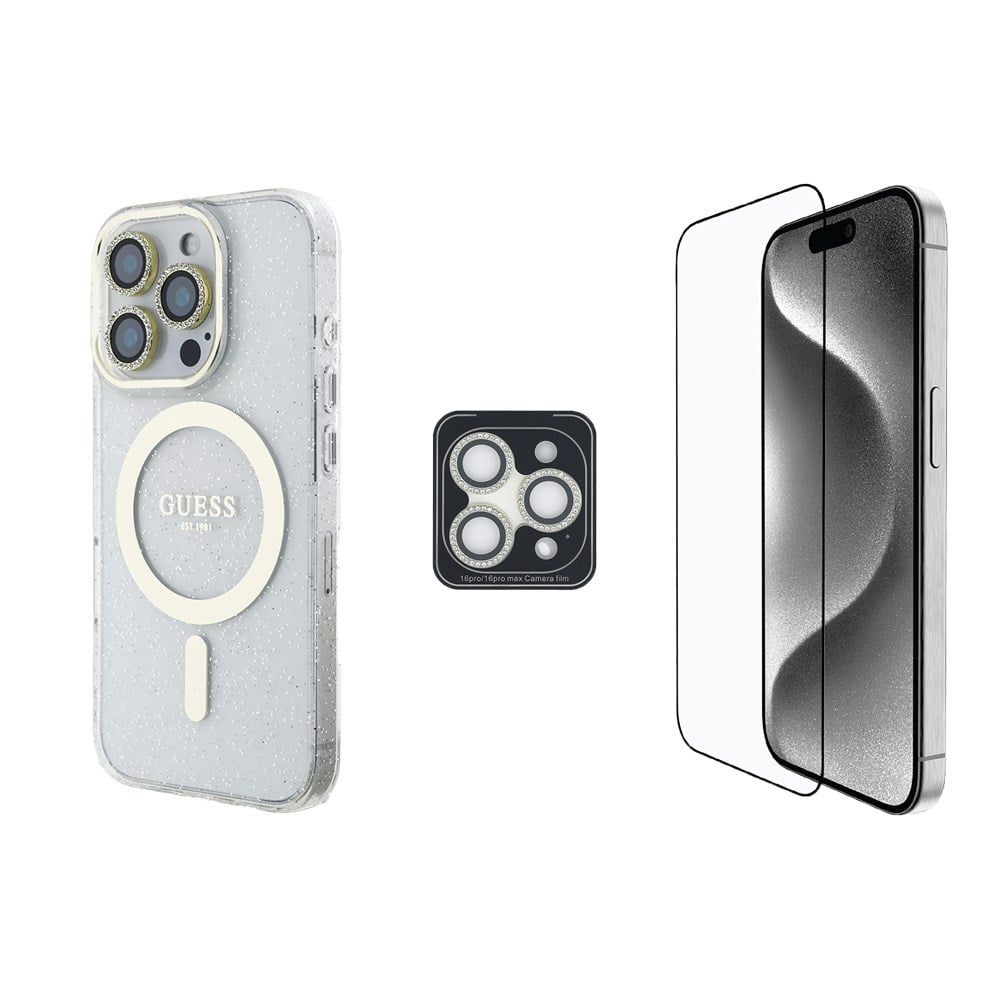Apple iPhone 16 Pro Guess Orjinal Lisanslı 3'lü Aksesuar Seti IML Baskılı Simli Glitter Kılıf + Ekran Koruyucu + Lens Koruyucu