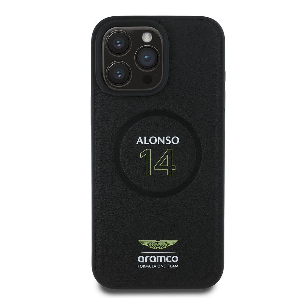 Apple iPhone 16 Pro Kılıf Aston Martin Orjinal Lisanslı M-safe Şarj Özellikli PU Deri Alonso 14 Baskılı Kapak