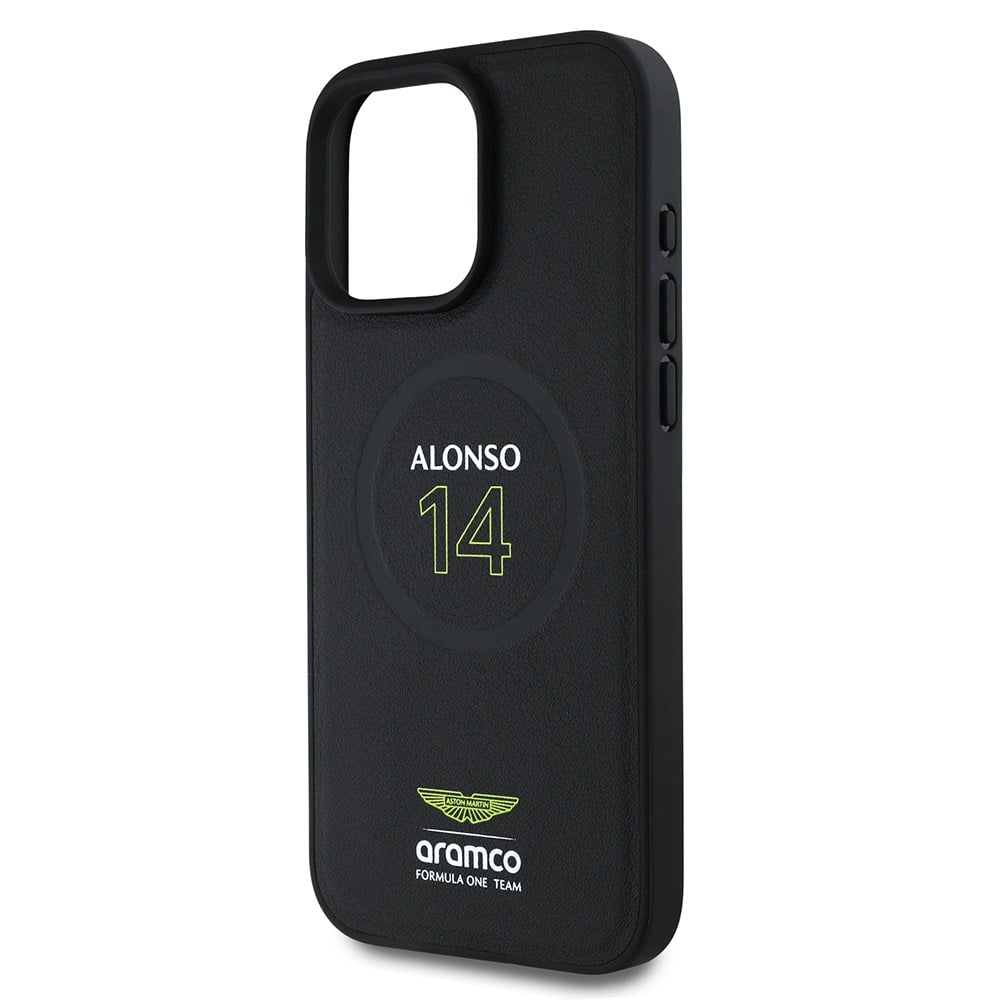 Apple iPhone 16 Pro Kılıf Aston Martin Orjinal Lisanslı M-safe Şarj Özellikli PU Deri Alonso 14 Baskılı Kapak