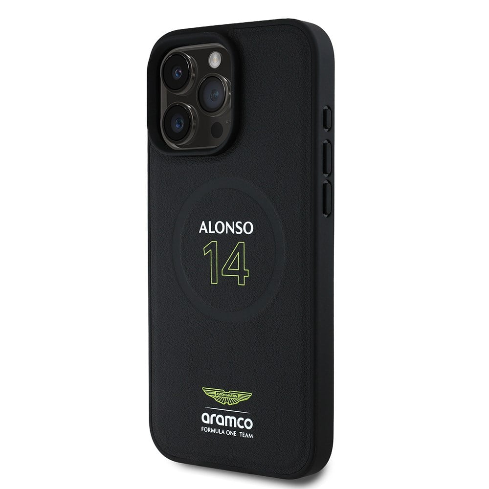 Apple iPhone 16 Pro Kılıf Aston Martin Orjinal Lisanslı M-safe Şarj Özellikli PU Deri Alonso 14 Baskılı Kapak
