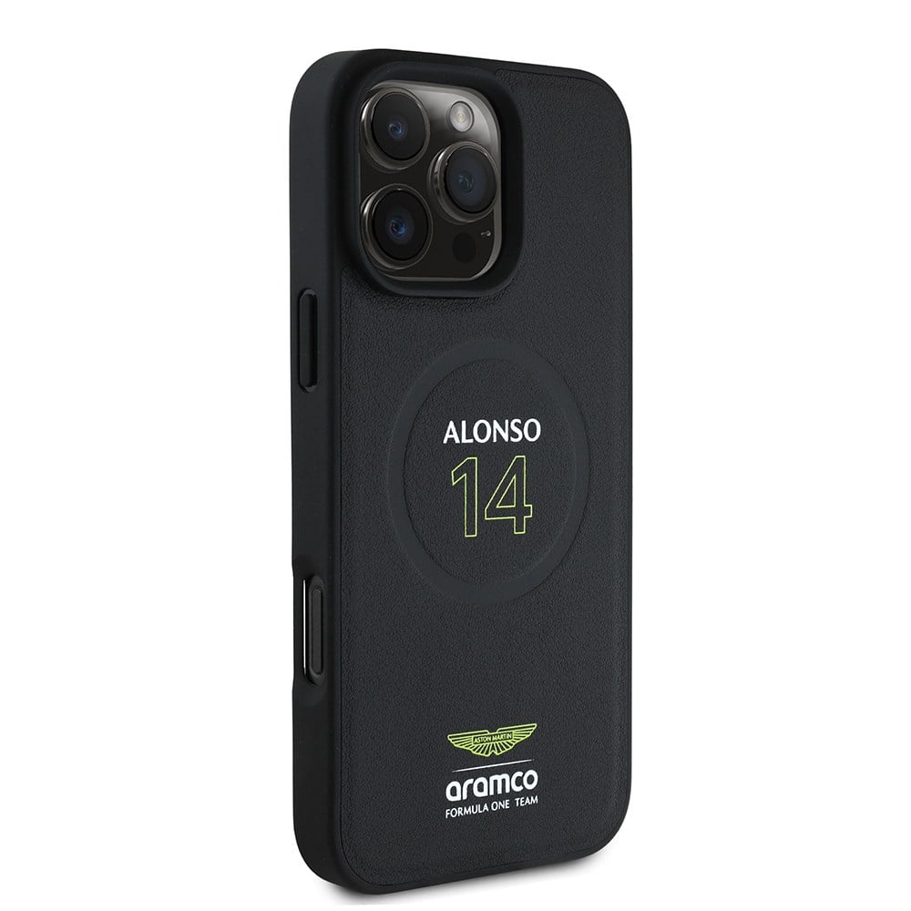 Apple iPhone 16 Pro Kılıf Aston Martin Orjinal Lisanslı M-safe Şarj Özellikli PU Deri Alonso 14 Baskılı Kapak