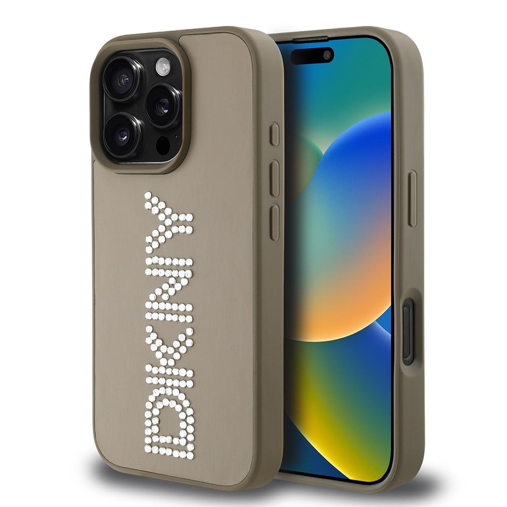 Apple iPhone 16 Pro Kılıf DKNY Orjinal Lisanslı Taşlı DKNY Yazılı Metalik Rhinestones PU Deri Kapak