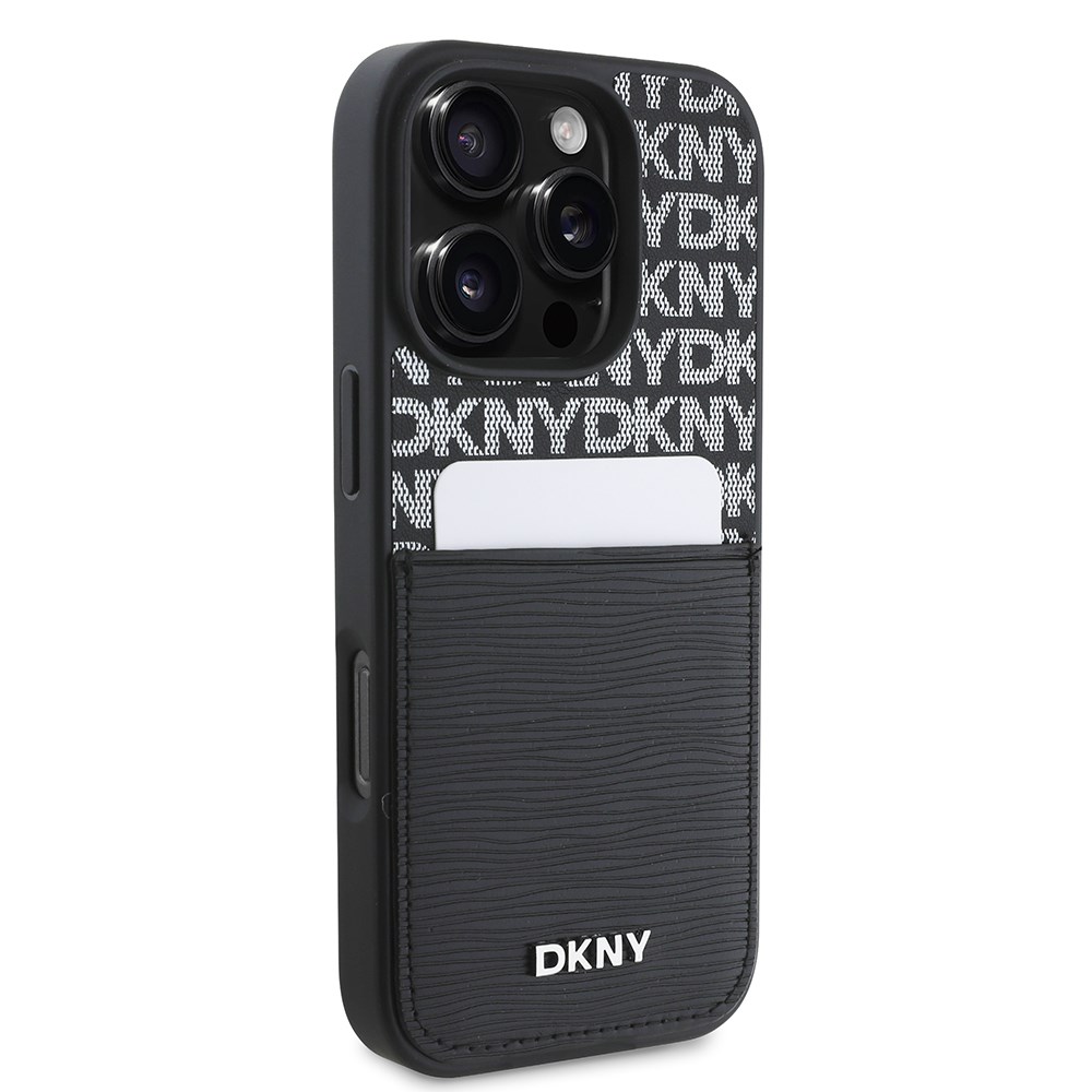 Apple iPhone 16 Pro Kılıf DKNY Orjinal Lisanslı Kartlıklı 3D Yazılı Repeat Texture Pattern Kapak
