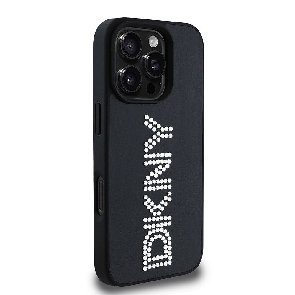 Apple iPhone 16 Pro Kılıf DKNY Orjinal Lisanslı Taşlı DKNY Yazılı Metalik Rhinestones PU Deri Kapak