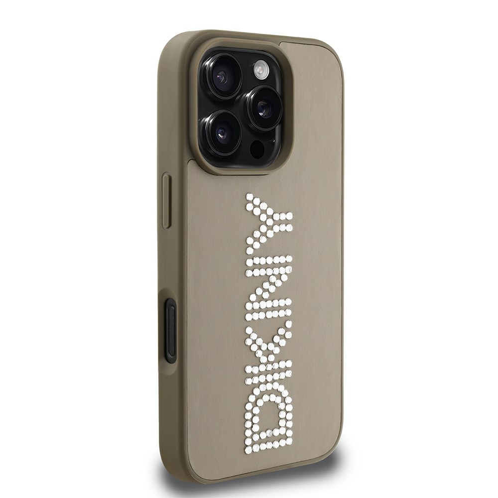 Apple iPhone 16 Pro Kılıf DKNY Orjinal Lisanslı Taşlı DKNY Yazılı Metalik Rhinestones PU Deri Kapak