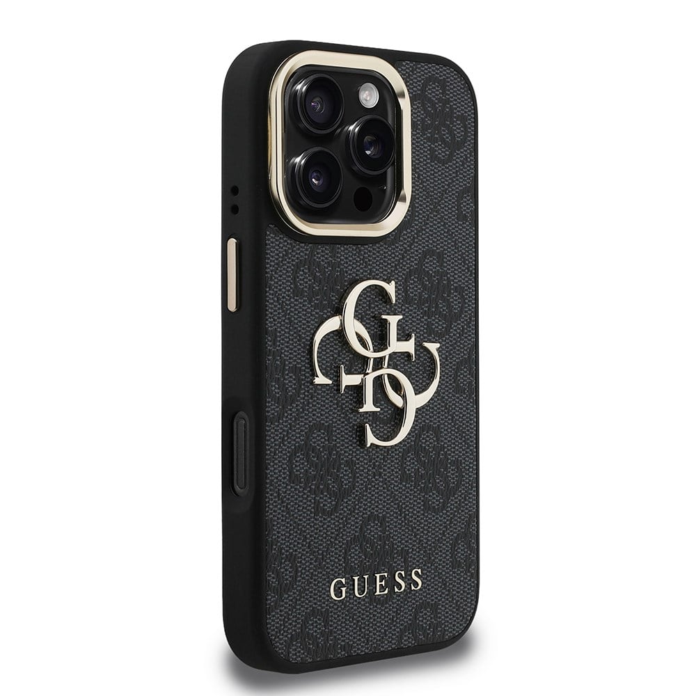 Apple iPhone 16 Pro Kılıf Guess Orjinal Lisanslı PU Deri 4G Desenli Metal Büyük 4G ve Yazı Logolu Kamera Standlı Kapak