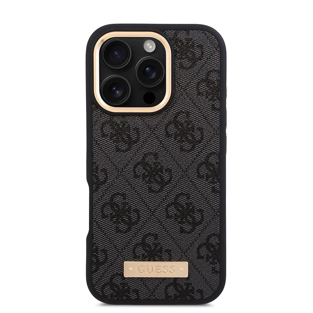 Apple iPhone 16 Pro Kılıf Guess Orjinal Lisanslı M-safe Şarj Özellikli 4G Desenli PU Metal Plaka Klasik Logolu Kapak