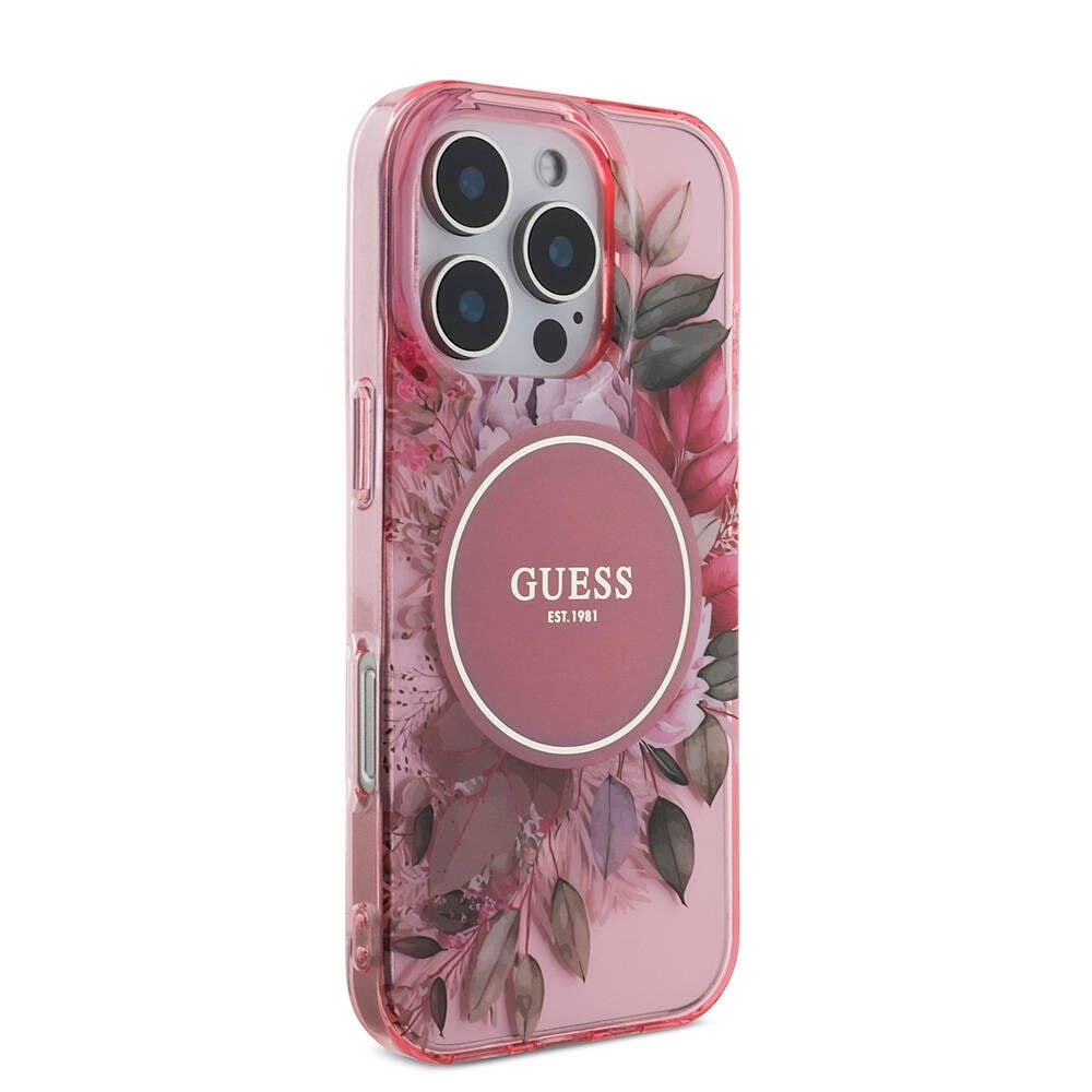 Apple iPhone 16 Pro Kılıf Guess Orjinal Lisanslı M-safe Şarj Özellikli IML Baskılı Çiçek İnci Bileklikli Kapak