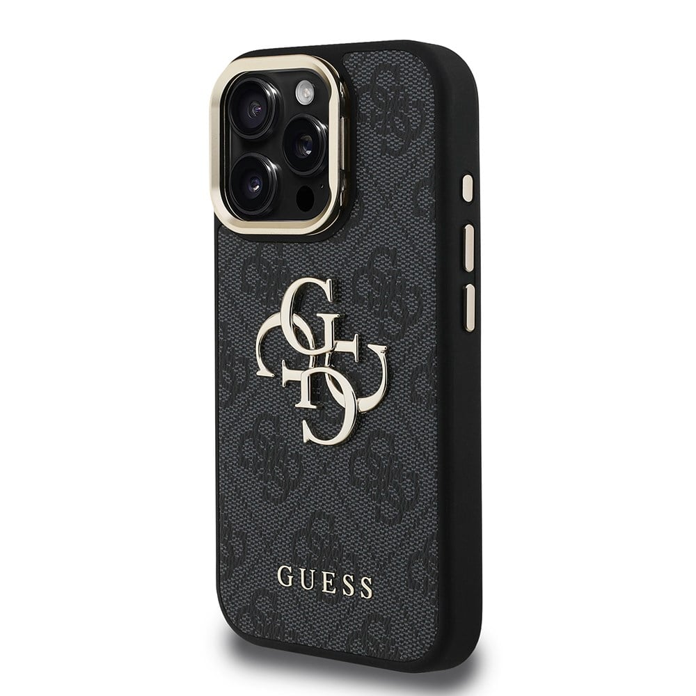 Apple iPhone 16 Pro Kılıf Guess Orjinal Lisanslı PU Deri 4G Desenli Metal Büyük 4G ve Yazı Logolu Kamera Standlı Kapak