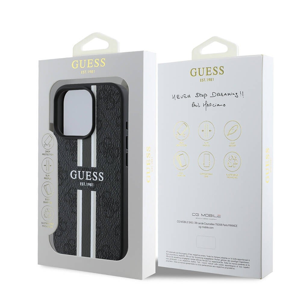 Apple iPhone 16 Pro Kılıf Guess Orjinal Lisanslı M-safe Şarj Özellikli 4G Şerit Tasarımlı Printed Kapak