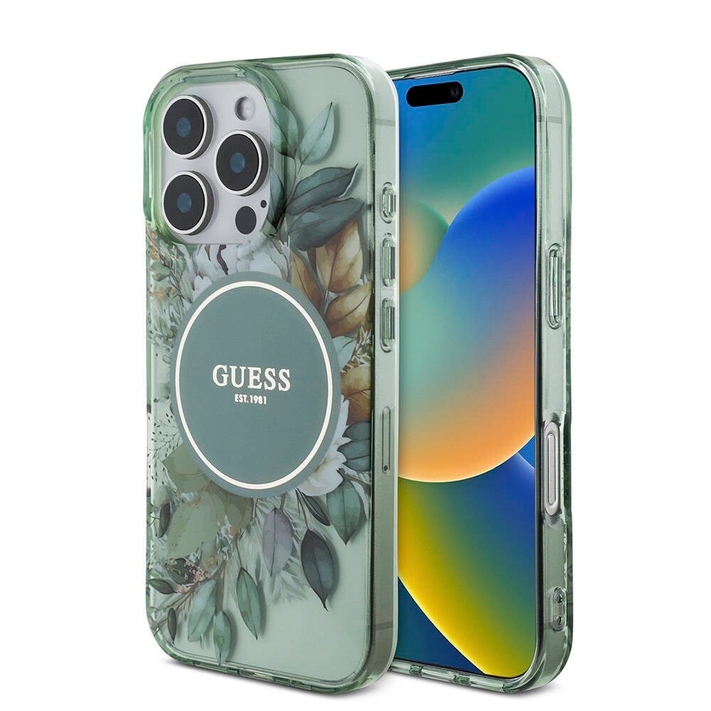 Apple iPhone 16 Pro Kılıf Guess Orjinal Lisanslı M-safe Şarj Özellikli IML Baskılı Çiçek İnci Bileklikli Kapak