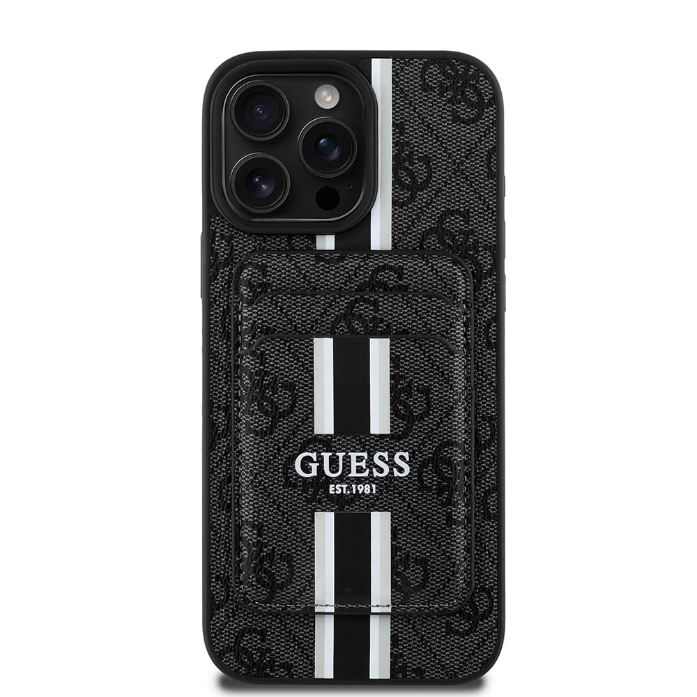 Apple iPhone 16 Pro Kılıf Guess Orjinal Lisanslı M-safe Şarj Özellikli 4G Desenli Çizgili Kartlıklı Kapak