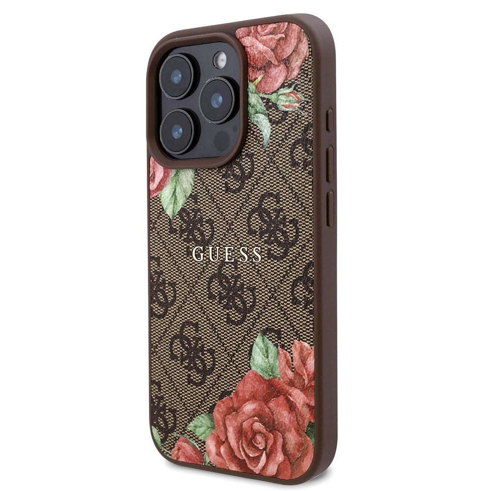 Apple iPhone 16 Pro Kılıf Guess Orjinal Lisanslı M-safe Şarj Özellikli Gül Baskılı 4G Desenli Yazı Logolu Kapak