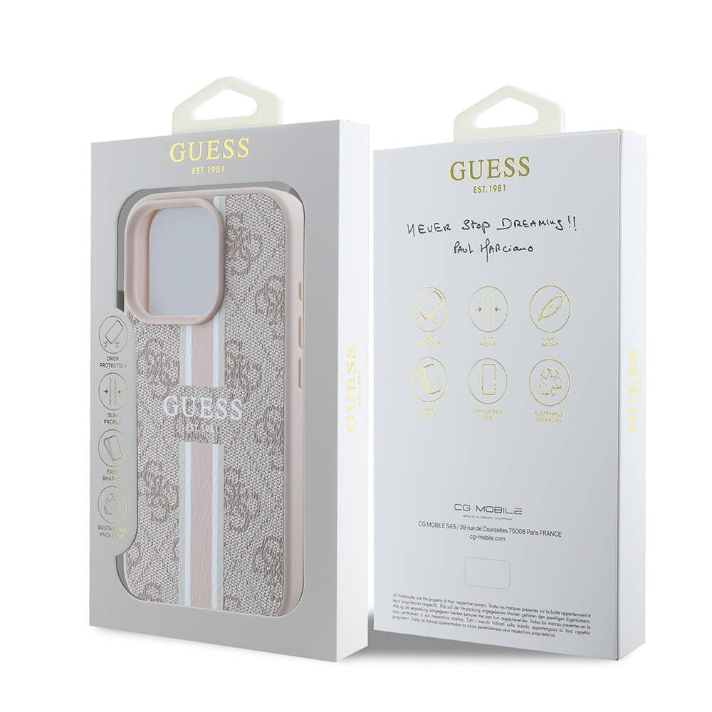 Apple iPhone 16 Pro Kılıf Guess Orjinal Lisanslı M-safe Şarj Özellikli 4G Şerit Tasarımlı Printed Kapak
