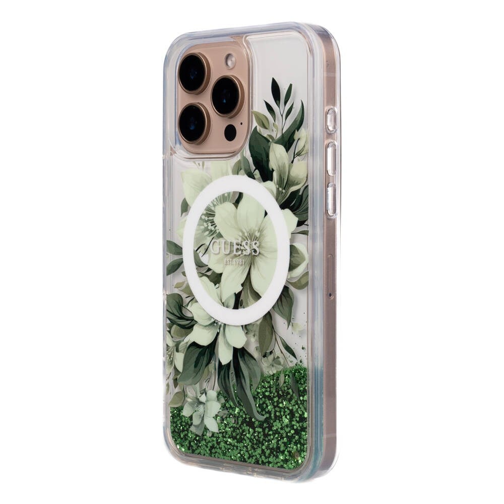 Apple iPhone 16 Pro Kılıf Guess Orjinal Lisanslı M-safe Şarj Özellikli Sıvılı Simli Çiçek Desenli Kapak