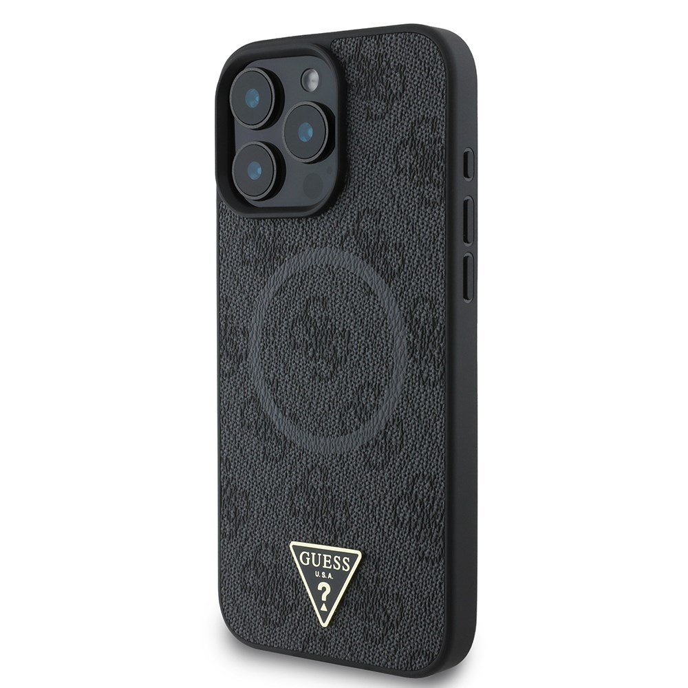 Apple iPhone 16 Pro Kılıf Guess Orjinal Lisanslı M-safe Şarj Özellikli PU Üçgen Logo 4G Desenli Kapak