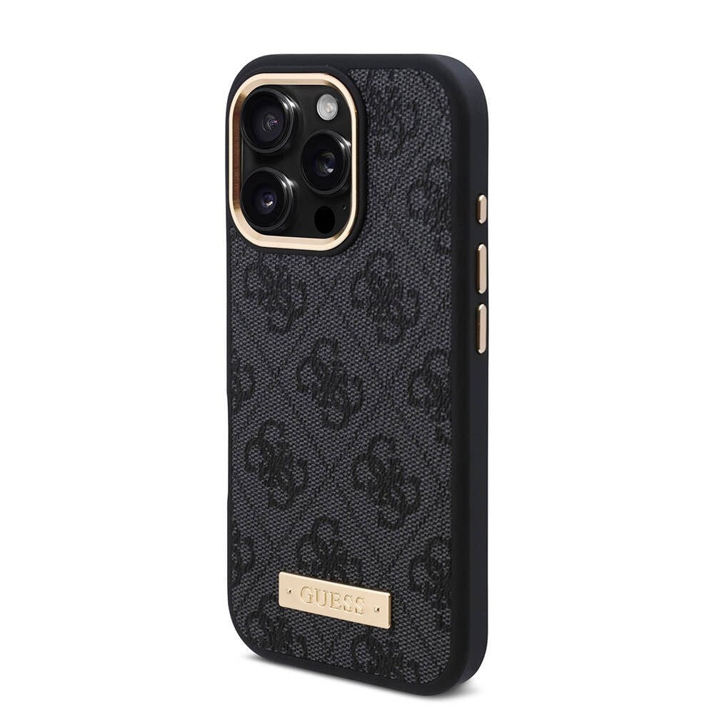 Apple iPhone 16 Pro Kılıf Guess Orjinal Lisanslı M-safe Şarj Özellikli 4G Desenli PU Metal Plaka Klasik Logolu Kapak