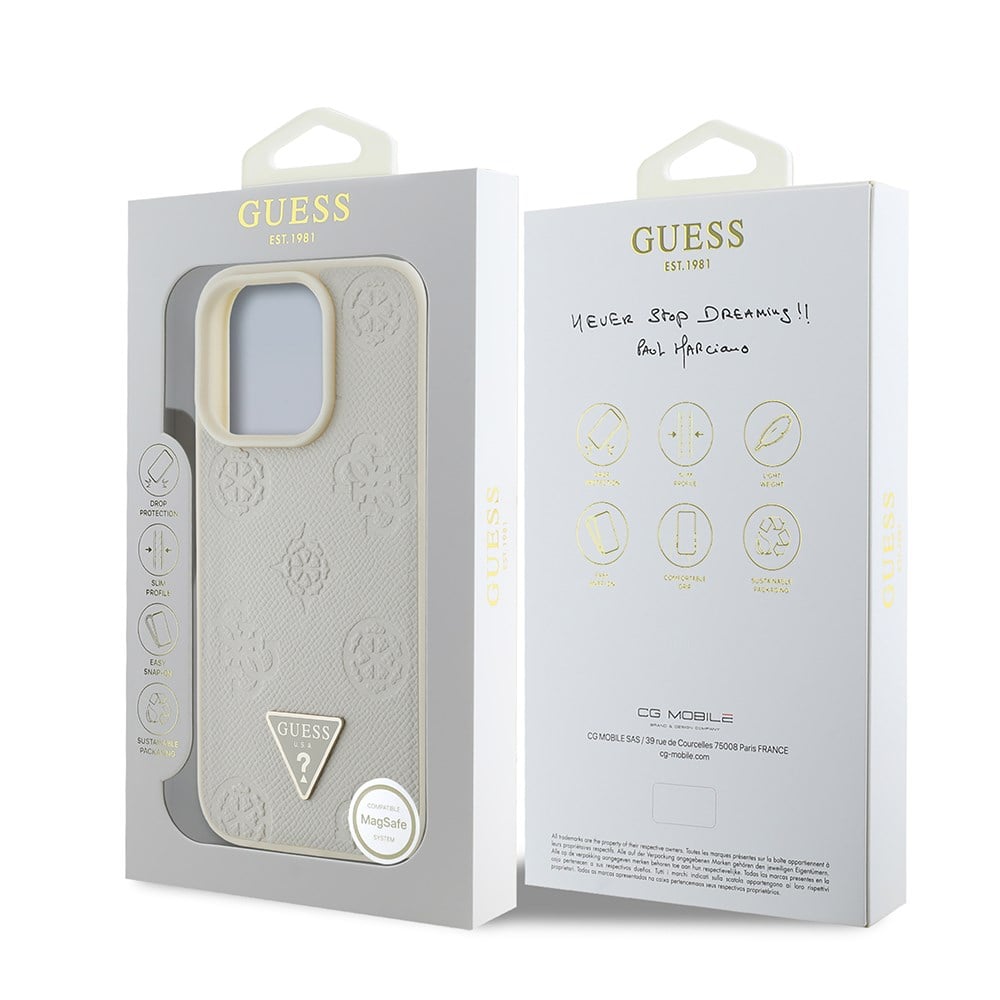 Apple iPhone 16 Pro Kılıf Guess Orjinal Lisanslı M-safe Şarj Özellikli Sıcak Baskılı Üçgen Logolu PU Deri Peony Kapak