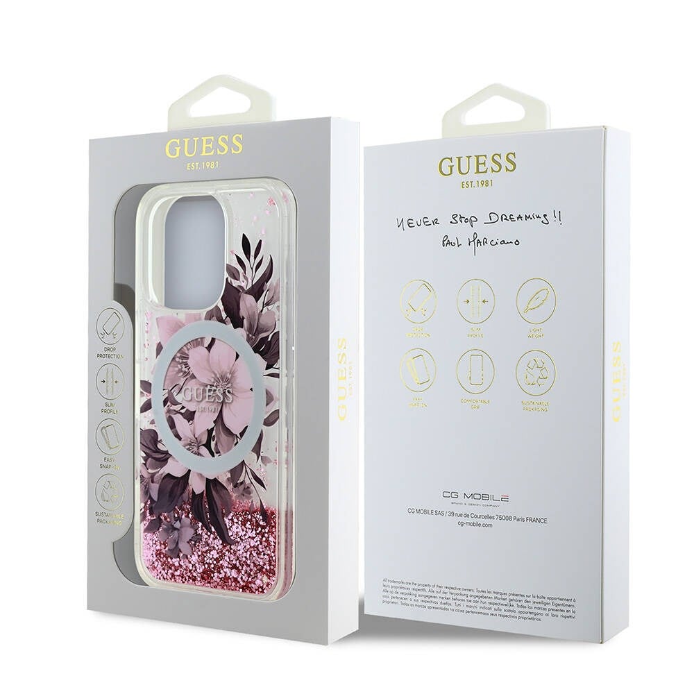Apple iPhone 16 Pro Kılıf Guess Orjinal Lisanslı M-safe Şarj Özellikli Sıvılı Simli Çiçek Desenli Kapak