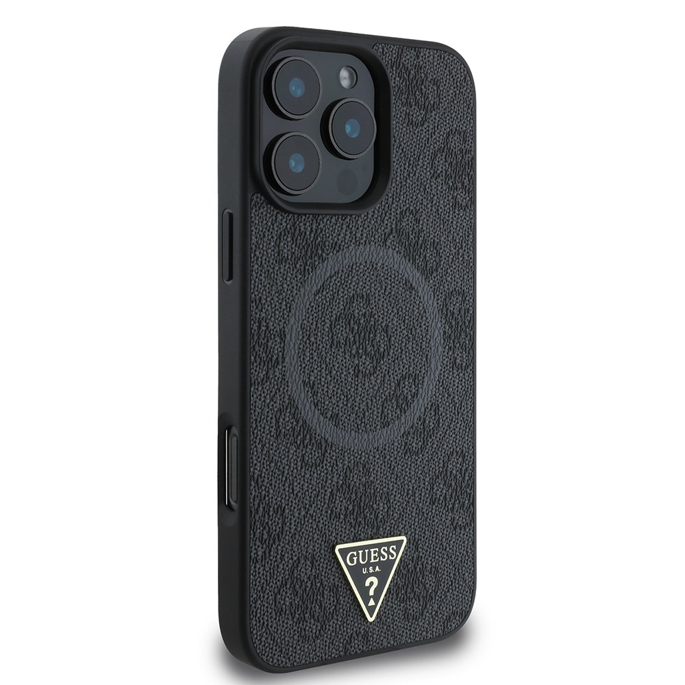 Apple iPhone 16 Pro Kılıf Guess Orjinal Lisanslı M-safe Şarj Özellikli PU Üçgen Logo 4G Desenli Kapak