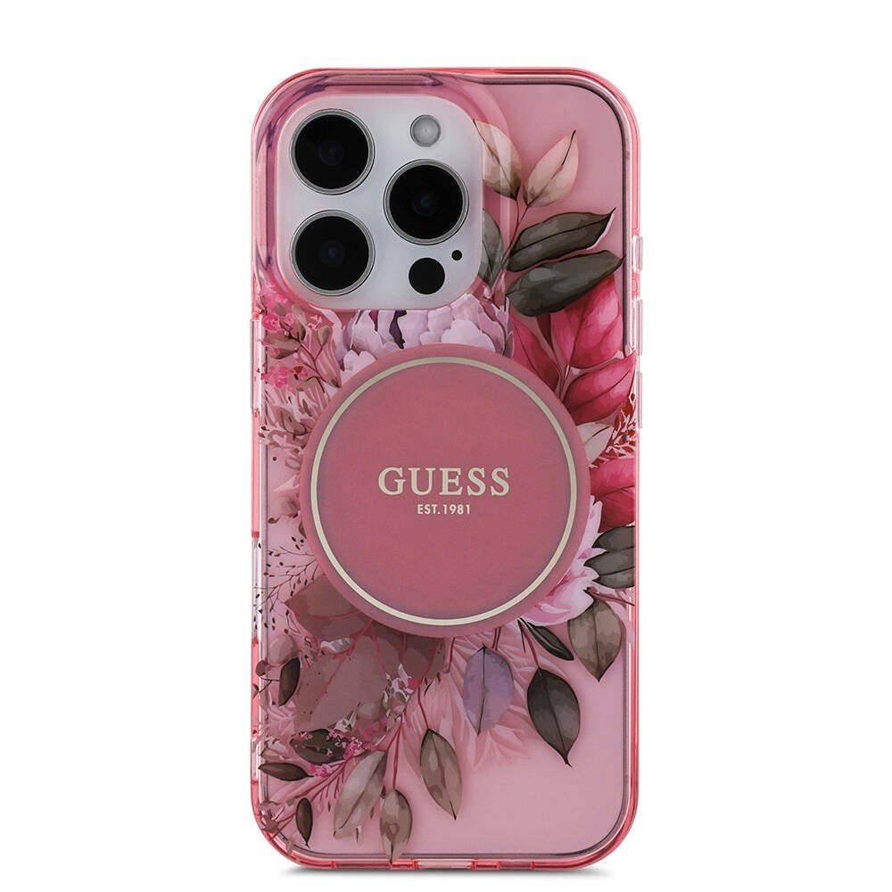 Apple iPhone 16 Pro Kılıf Guess Orjinal Lisanslı M-safe Şarj Özellikli IML Baskılı Çiçek İnci Bileklikli Kapak