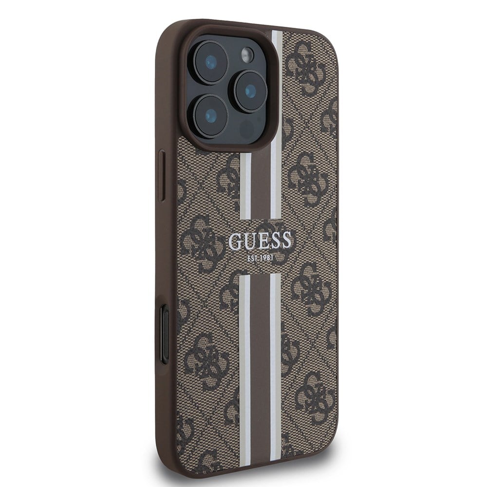 Apple iPhone 16 Pro Kılıf Guess Orjinal Lisanslı M-safe Şarj Özellikli 4G Şerit Tasarımlı Printed Kapak