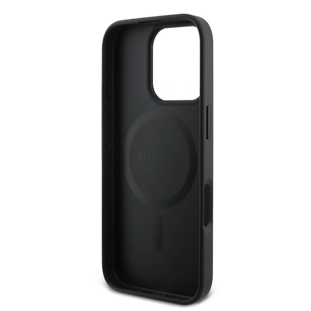 Apple iPhone 16 Pro Kılıf Guess Orjinal Lisanslı M-safe Şarj Özellikli PU Deri 4G Desenli Taşlı Üçgen Logolu Kapak