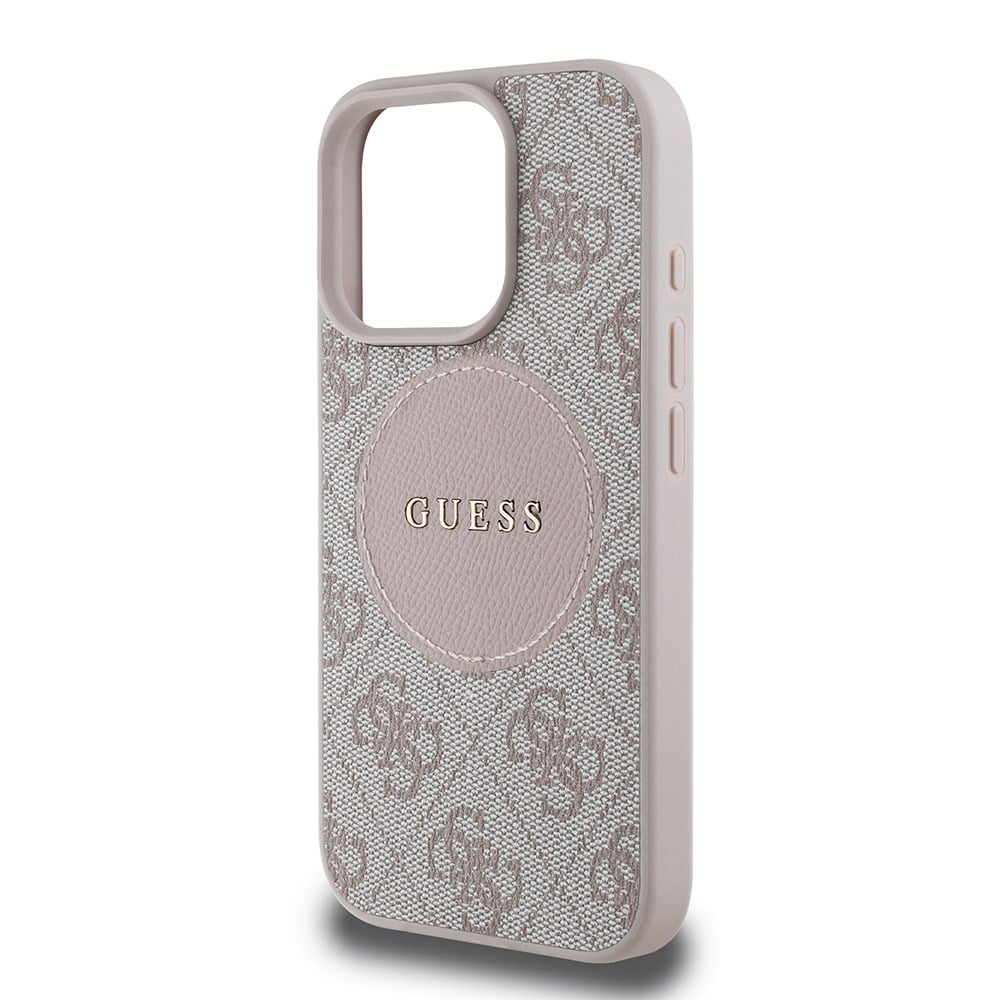 Apple iPhone 16 Pro Kılıf Guess Orjinal Lisanslı M-safe Şarj Özellikli Sıcak Baskılı Yazı Logolu Kamera Standlı PU Deri Peony Kapak