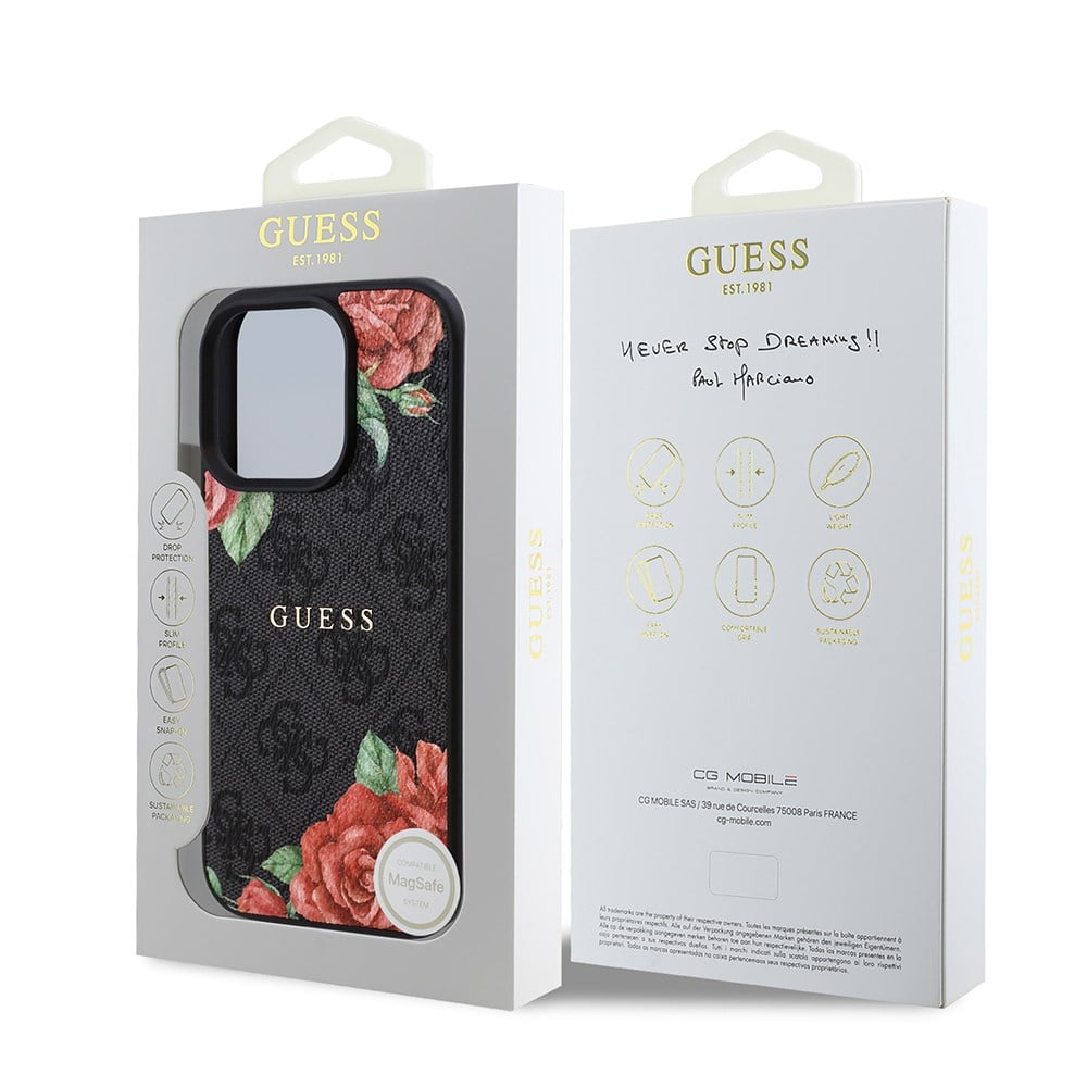 Apple iPhone 16 Pro Kılıf Guess Orjinal Lisanslı M-safe Şarj Özellikli Gül Baskılı 4G Desenli Yazı Logolu Kapak