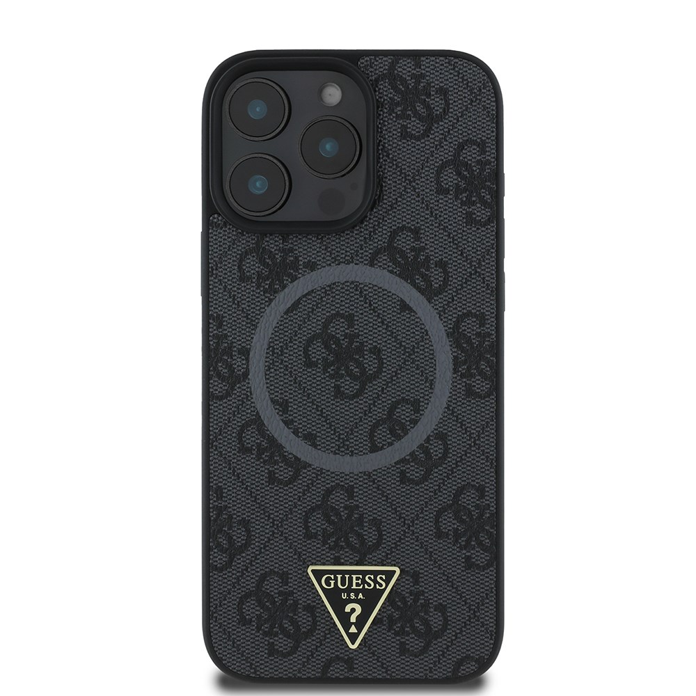 Apple iPhone 16 Pro Kılıf Guess Orjinal Lisanslı M-safe Şarj Özellikli PU Üçgen Logo 4G Desenli Kapak