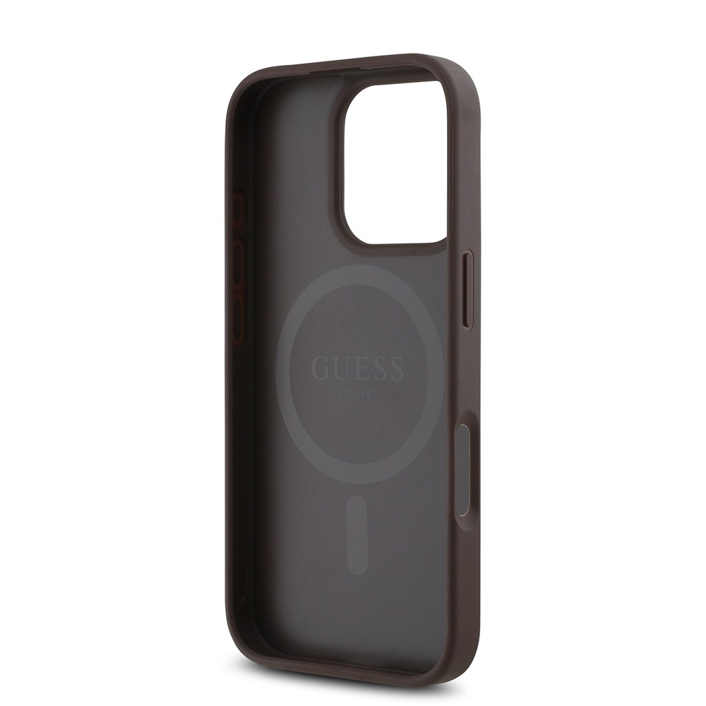 Apple iPhone 16 Pro Kılıf Guess Orjinal Lisanslı M-safe Şarj Özellikli PU Üçgen Logo 4G Desenli Kapak