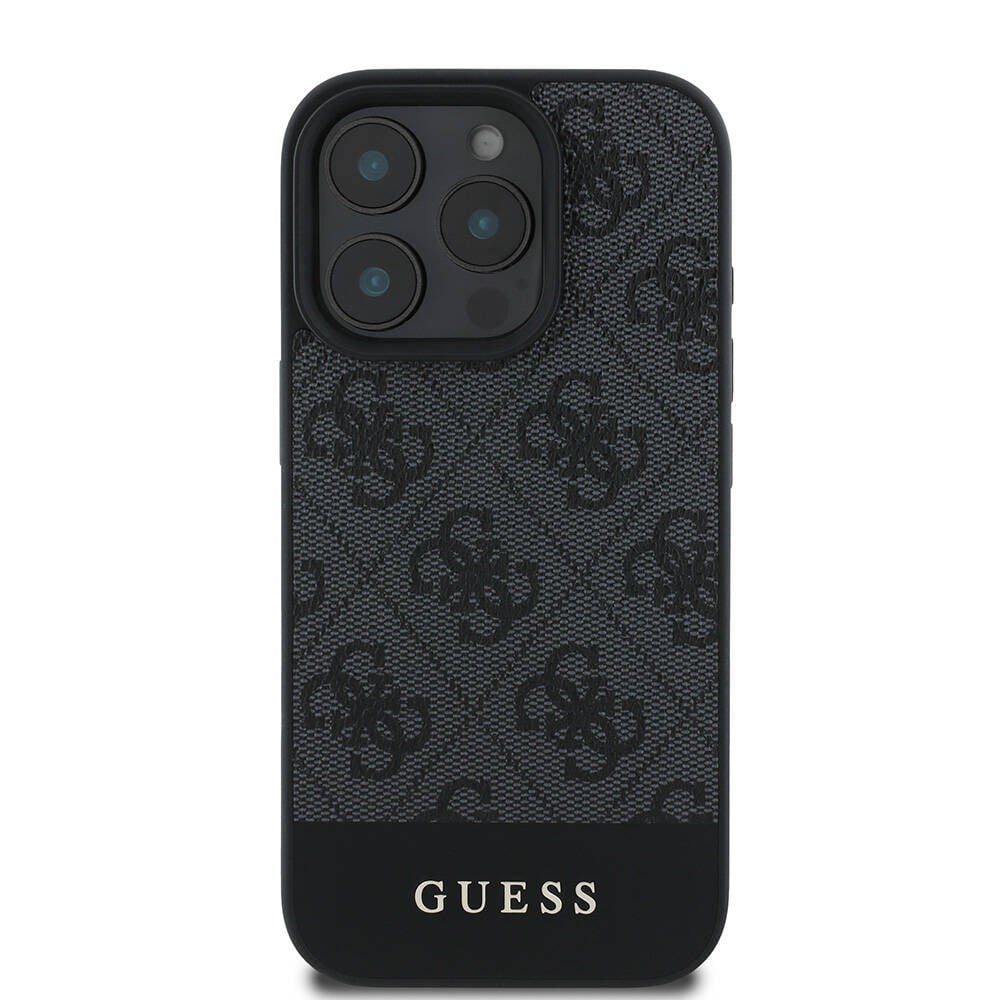 Apple iPhone 16 Pro Kılıf Guess Orjinal Lisanslı M-safe Şarj Özellikli PU Deri Şerit Logo Dizaynlı Kapak
