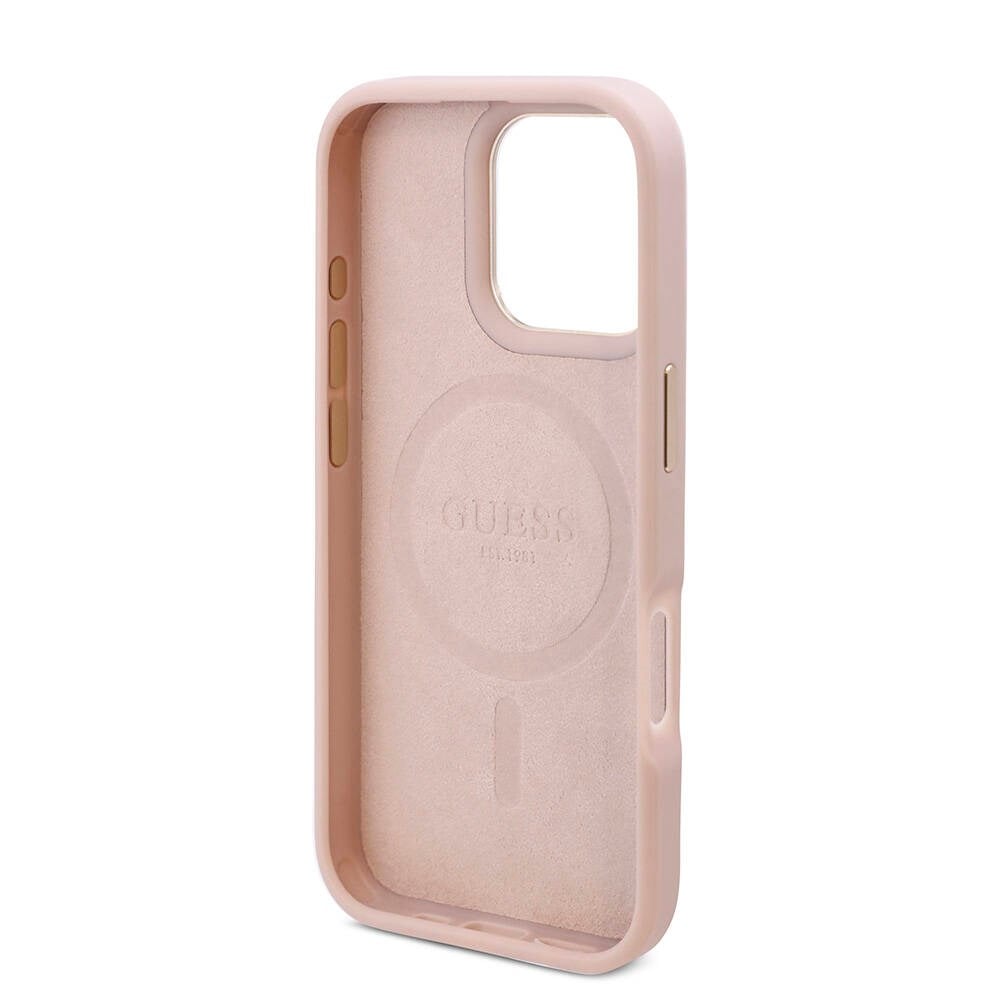 Apple iPhone 16 Pro Kılıf Guess Orjinal Lisanslı M-safe Şarj Özellikli 4G Desenli PU Metal Plaka Klasik Logolu Kapak