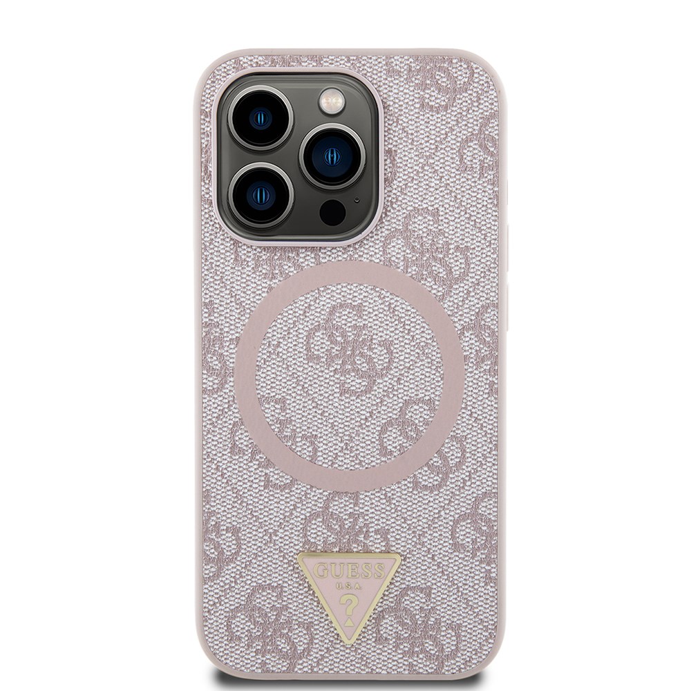Apple iPhone 16 Pro Kılıf Guess Orjinal Lisanslı M-safe Şarj Özellikli PU Üçgen Logo 4G Desenli Kapak