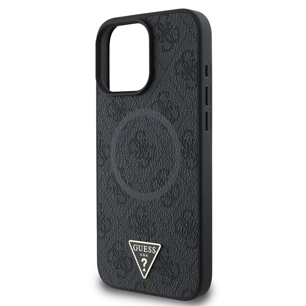 Apple iPhone 16 Pro Kılıf Guess Orjinal Lisanslı M-safe Şarj Özellikli PU Üçgen Logo 4G Desenli Kapak